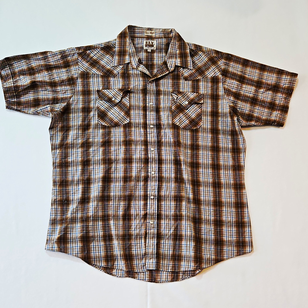 ELY Cattleman Men's Brown Blue White Plaid Woven Pearl Button Shirt SS 2XLT